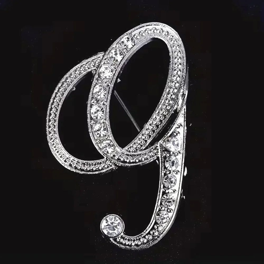 Silver Crystal Script Letter G Brooch Pin 2